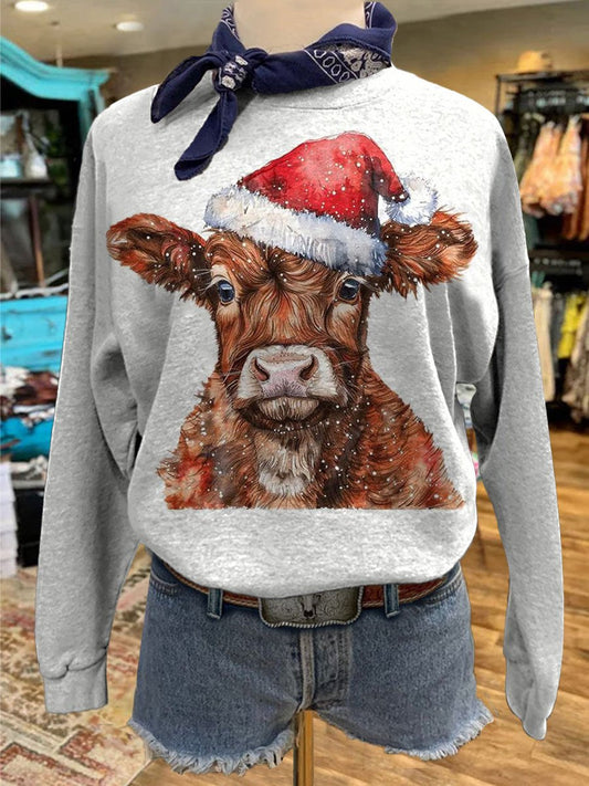 Christmas Highland Cow Print Casual Sweatshirt