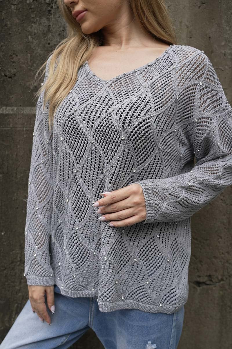 Women's Cutout Diamond V-Neck Long Sleeve Sweater