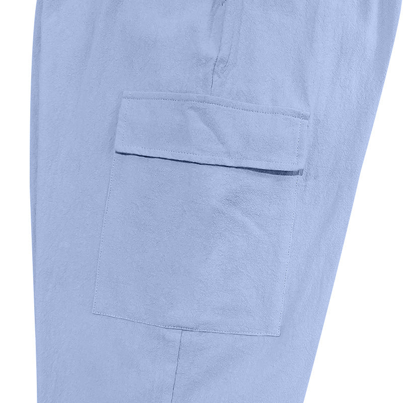 Men's Casual Multi-Pocket Drawstring Cotton Linen Straight Leg Drawstring Pants