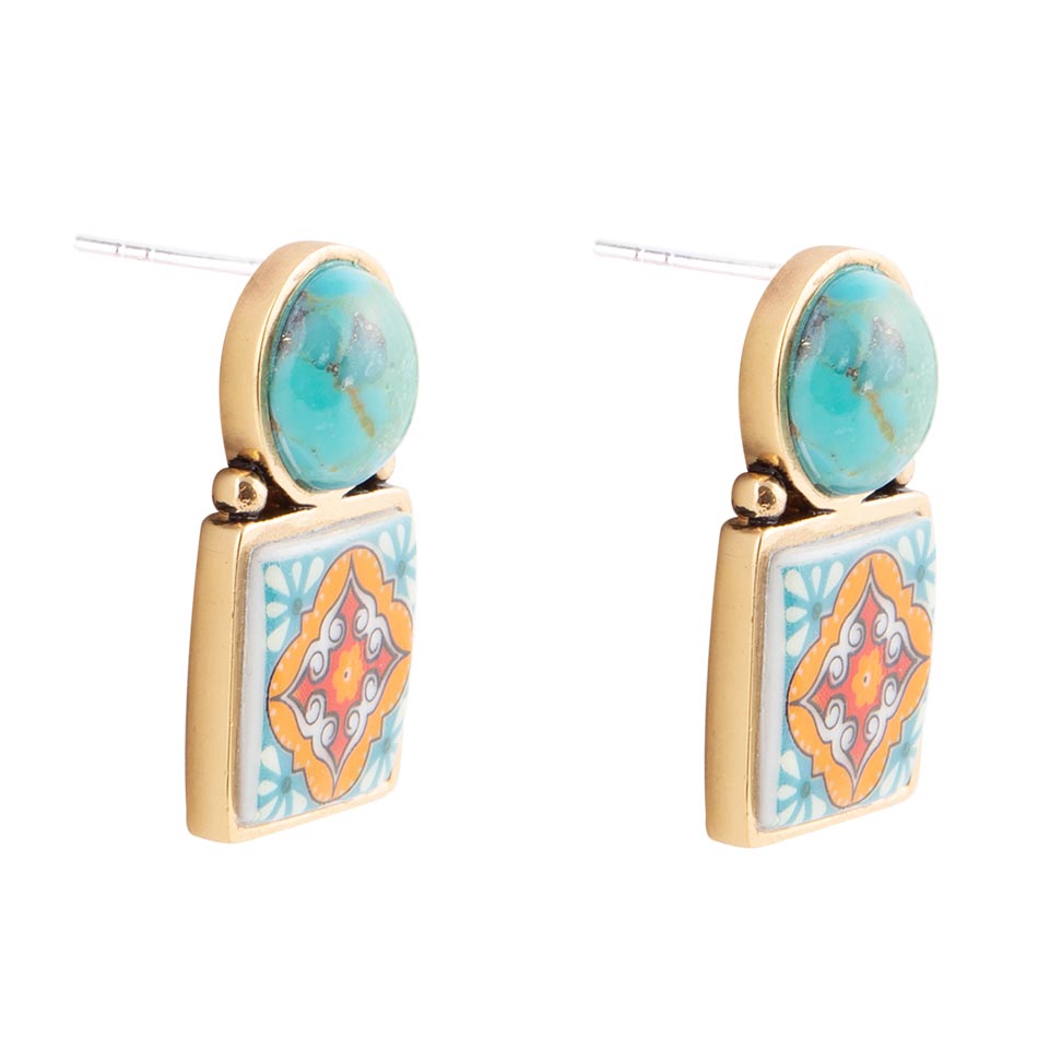 Barse Talavera Tile Blue Turquoise Golden Drop Earrings