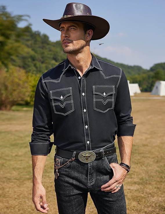 Men's Western Cowboy Shirts Long Sleeve Cotton Casual Shirt