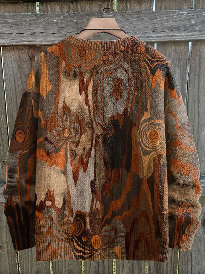 Brown Wood Stump Tree Texture Print Knit Pullover Sweater