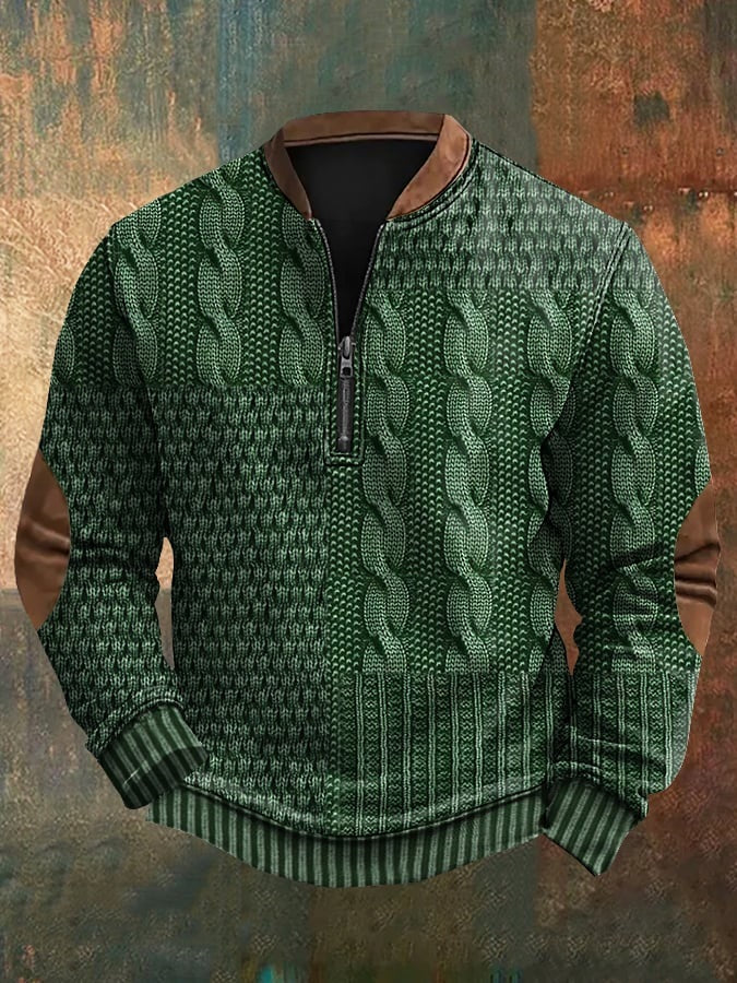 Men's Vintage Western Zipper Stand Collar Khaki  Print Casual Sweatshirt