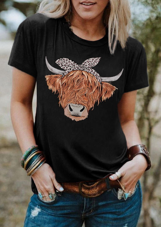 Highland Cattle Leopard O-Neck T-Shirt Tee - Black