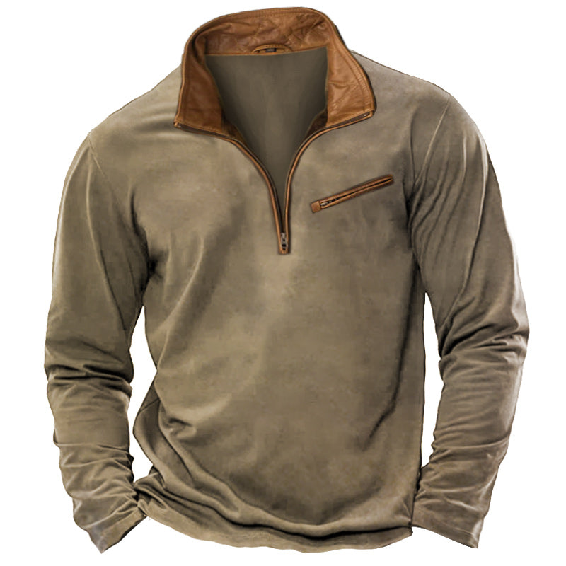 Men's T-Shirt 1/4 Zip Leather Lapel Long Sleeve Vintage Pocket Everyday Pullover