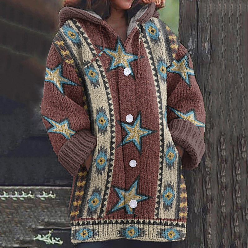 Women'S Geometric Pattern Hooded Cardigan Sweater