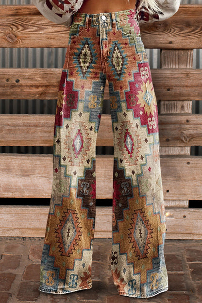 Retro Geometric Print Wide Leg Pants