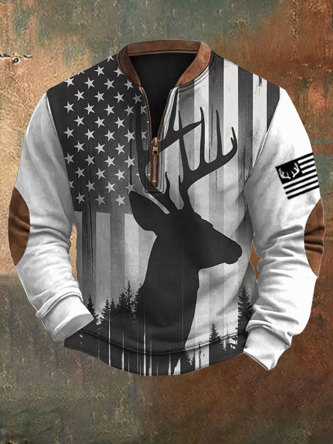 Men's Desert Deer &Flag Printed Zip Collar Sweatshirt