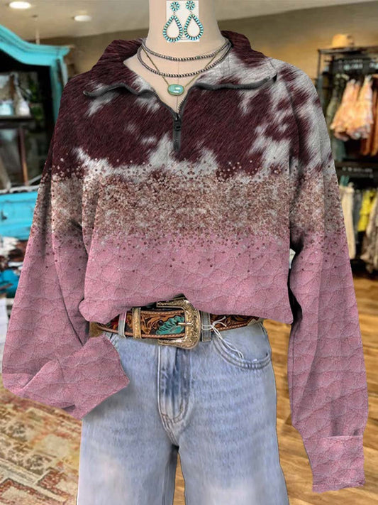 Cow Fur Print Casual Long Sleeve Zip Sweatshirt