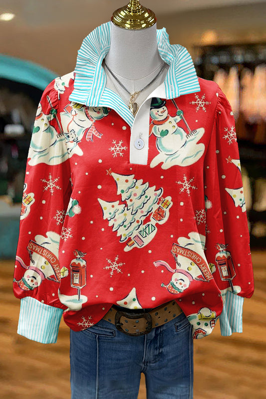 Retro Christmas Snowman Print Puff Sleeve Blouse