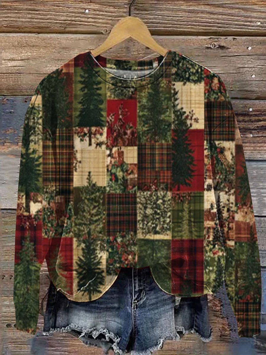 Vintage Christmas Patchwork Art Print Casual Sweatshirt