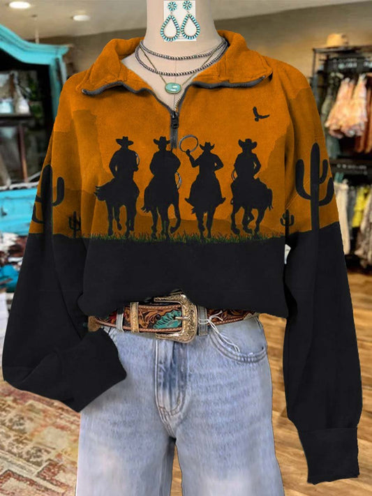 Cowboy Print Casual Long Sleeve Zip Sweatshirt