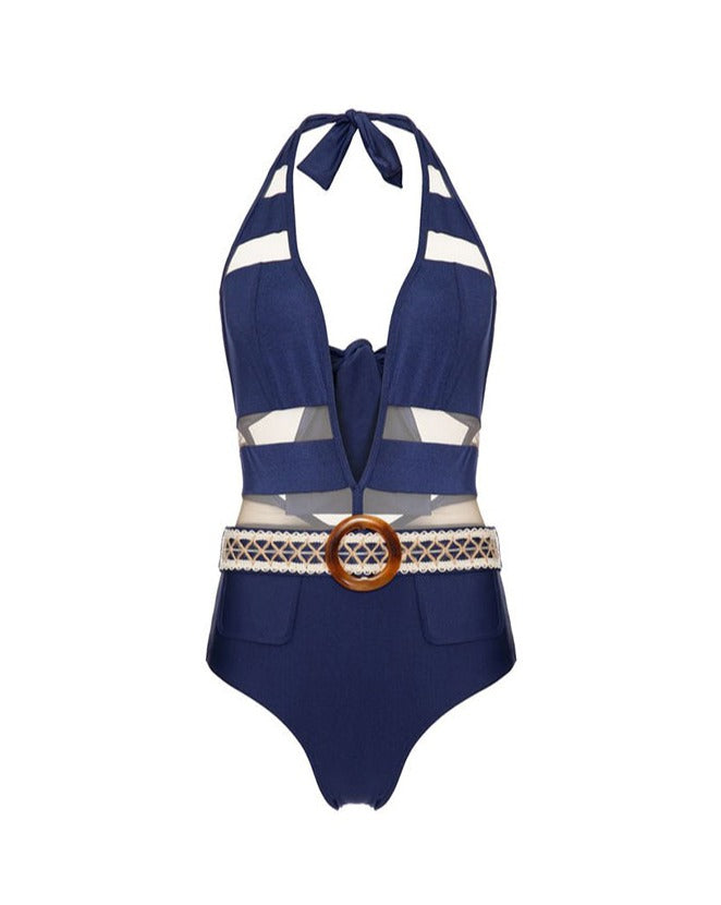 Halter Neck Tie Panel One Piece Swimsuit