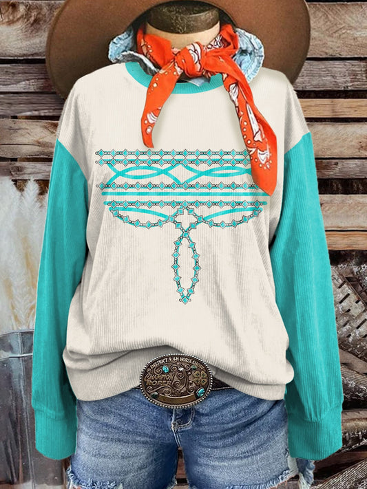 Women's Vintage Diamond Cowboy Boot Pattern Print Casual Corduroy Sweatshirt