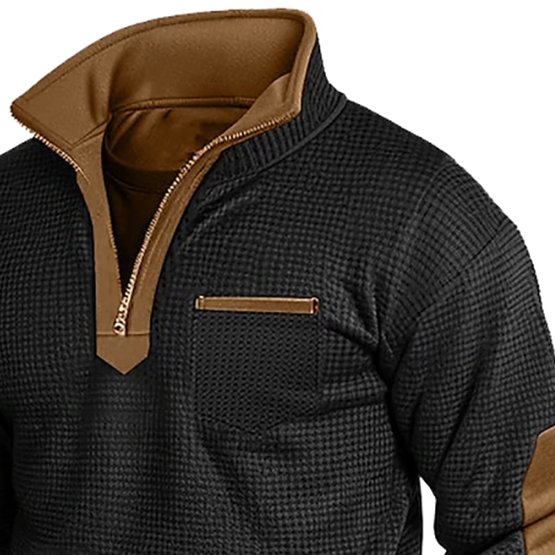 Men's Vintage Waffle Contrast Pocket Quarter Zip Stand Collar Sweatshirt