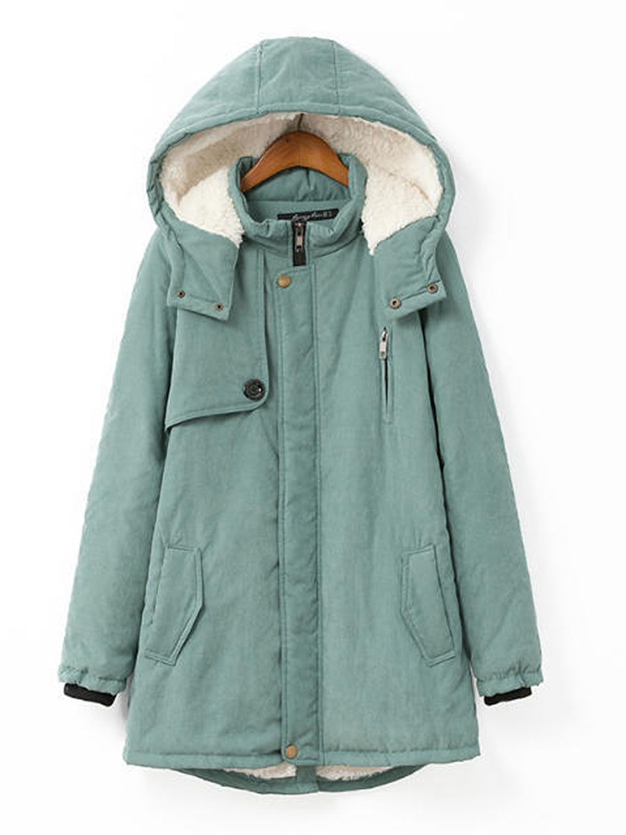 Hooded Flap Pocket Plain Fleece Lined Coat