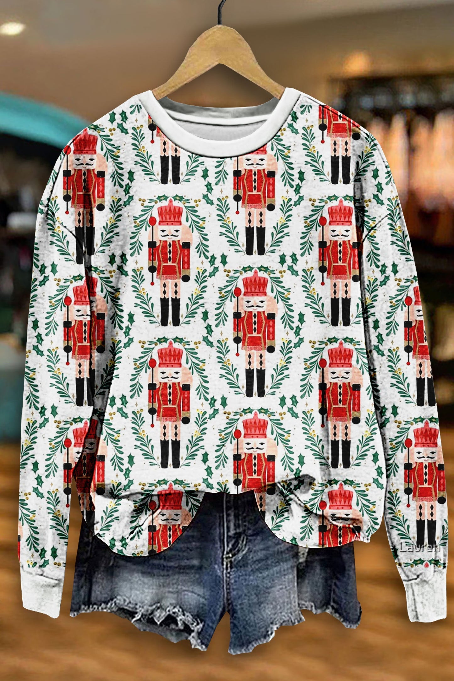 Cute Nutcracker Green Leaf Print Sweatshirt