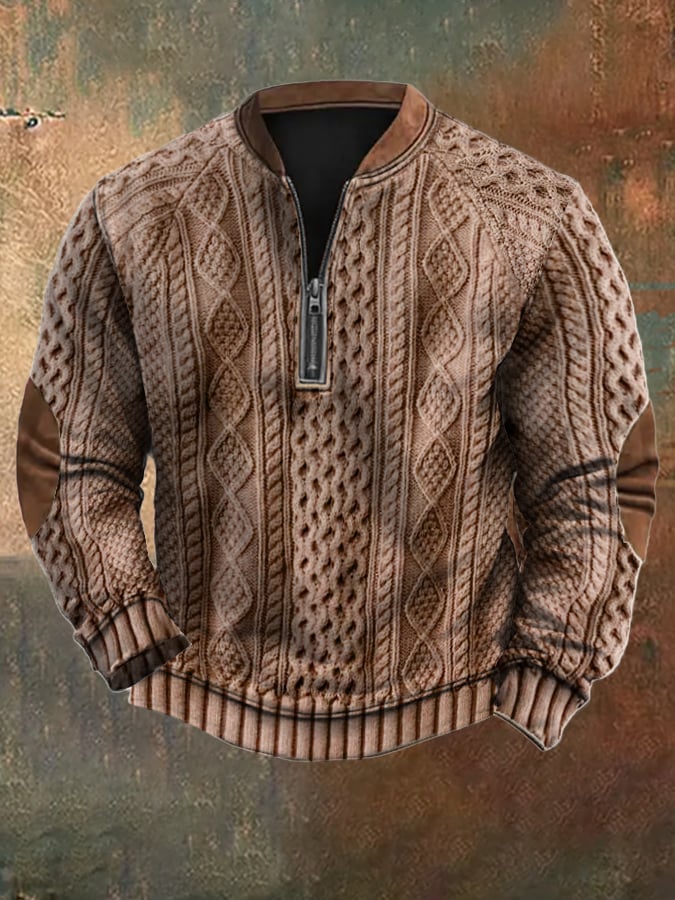 Men's Vintage Knit Print Zip-Up Sweatshirt