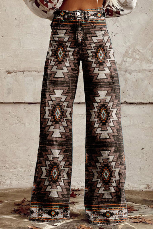 Classic Retro Aztec Printed Wide Leg Pants