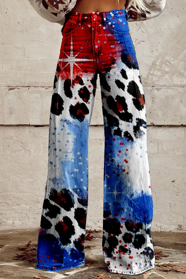 Red Blue Leopard Print Wide Leg Pants