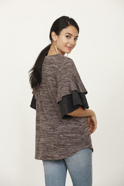 Plus Color Block Sleeve Ruffle Knit Top  choice of colors