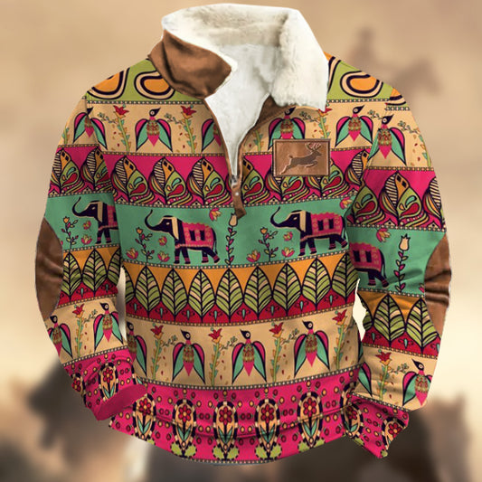 Men's Vintage Fleece Tribal Ethnic Prints Elk Logo Zipper Fur Collar Sweatshirt