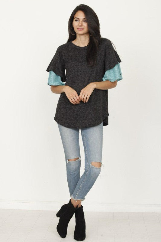 Plus Color Block Sleeve Ruffle Knit Top  choice of colors