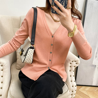 Cardigan Autumn Wear Korean Style V-neck Sweater Loose Bottoming Sweater Knitted Cardigan Women's Solid Color Short Coat