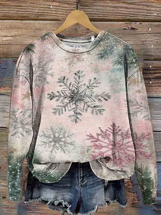 Women's Round Neck Christmas Snowflake Print Casual Long Sleeve Sweatshirt