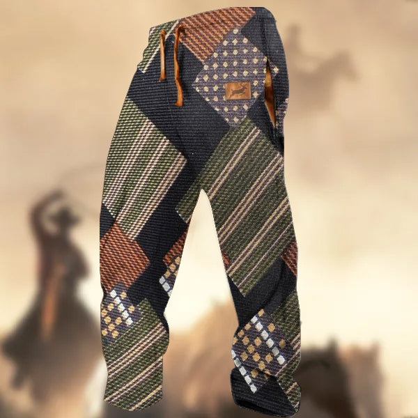 Men's Retro Country Western Patchwork Elk Logo Pint Casual Sweatpants