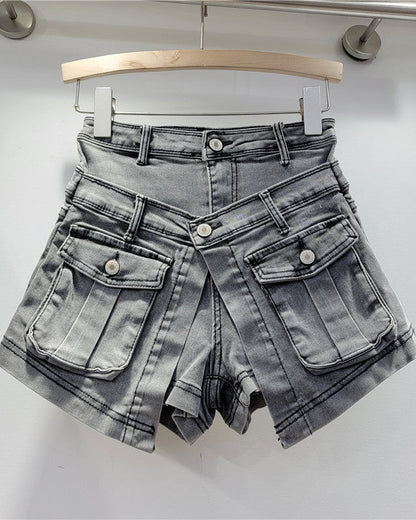 Slim High Waist Washed Fake Two Piece Wide Leg Denim Shorts