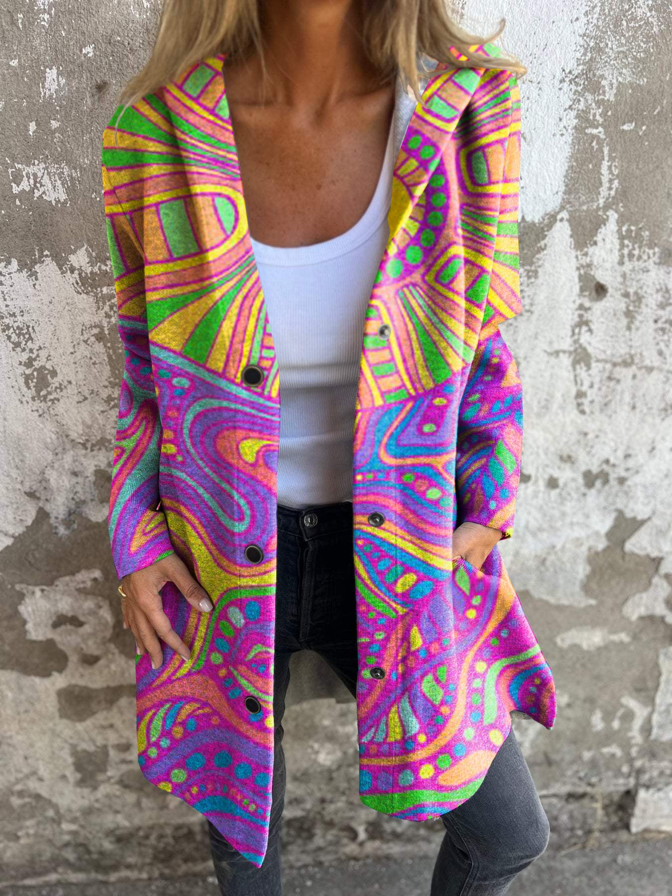 Retro Psychedelic Hippie Print Button Hooded Jacket