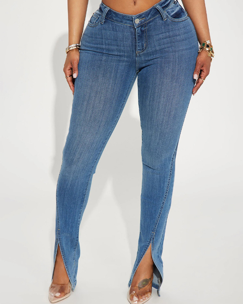 High Waisted Leg Slit Slim Fit Jeans