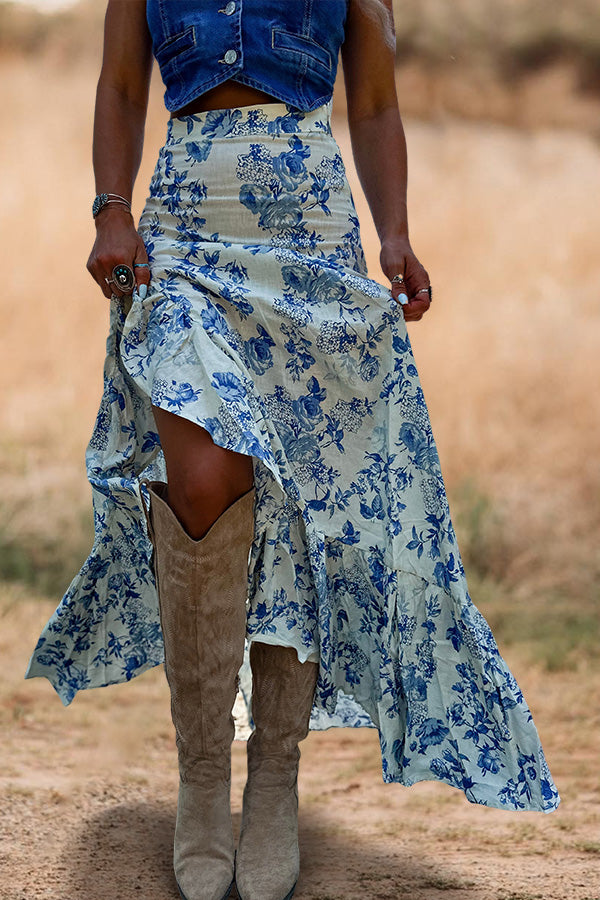 Southern Floral Print Ruffled Slit Maxi Skirt