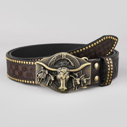 Men's Vintage Western Longhorn Metal Buckle Jeans Casual Rivet Leather Belt