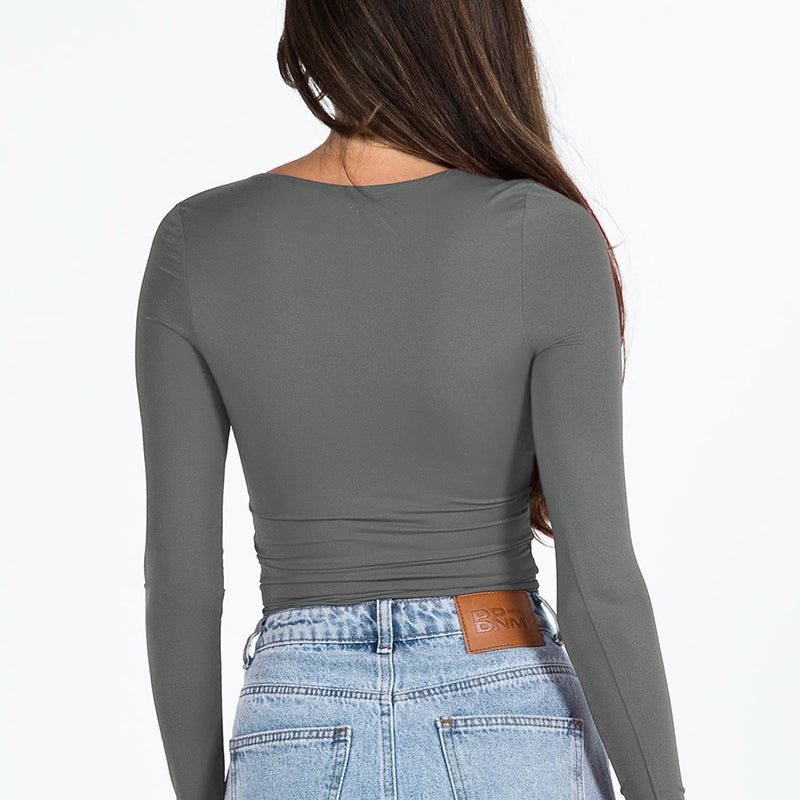 Sexy Backless Inner Wear Women's Knitted Sweater Long-sleeved T-shirt Hot Girl Top Square Neck Bottoming Shirt