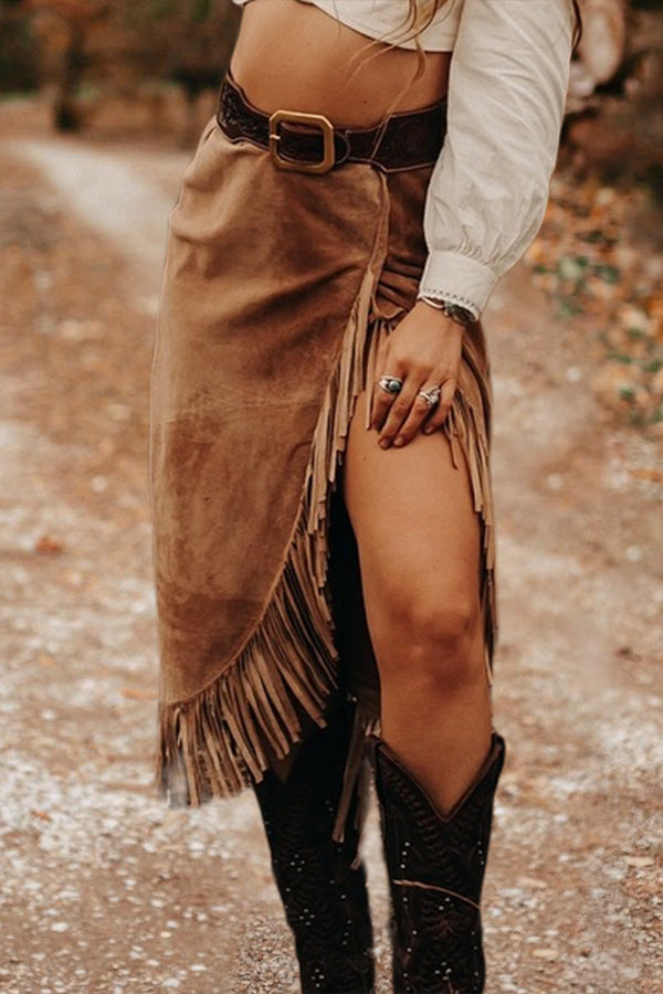 Retro Asymmetrical Fringed Suede Skirt