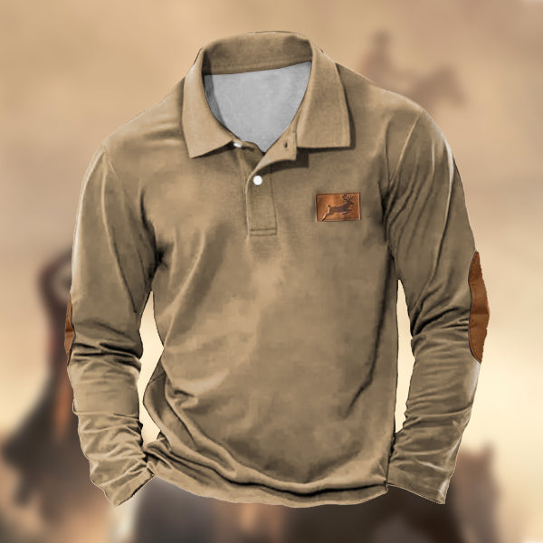 Men's Vintage Elk Hunting Print Casual Long Sleeve Polo Shirt