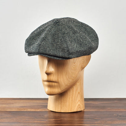 PEAKED CAPS - WOOL Genuine Scottish Harris Tweed 8 Panels Man Cap BLACK-WHITE