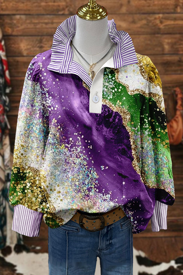 Shiny Mardi Gras Striped Ruffle Blouse