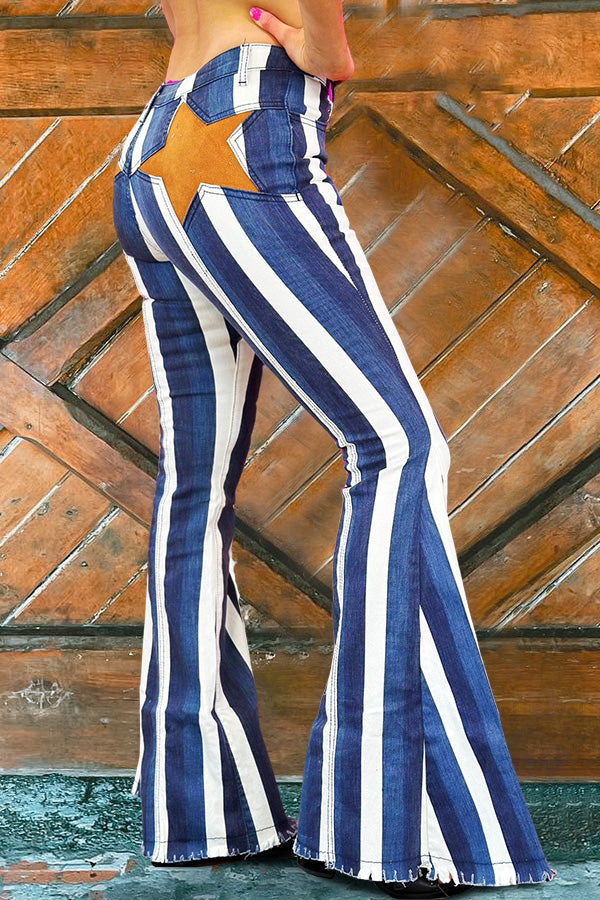 Retro Star Stripe Print Flare Jeans