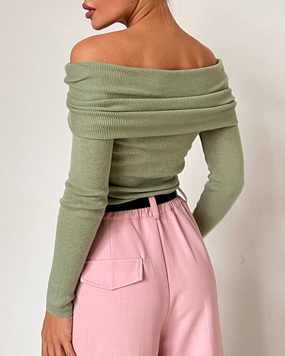 Off-The-Shoulder Bateau Neck Long-Sleeved Sweater