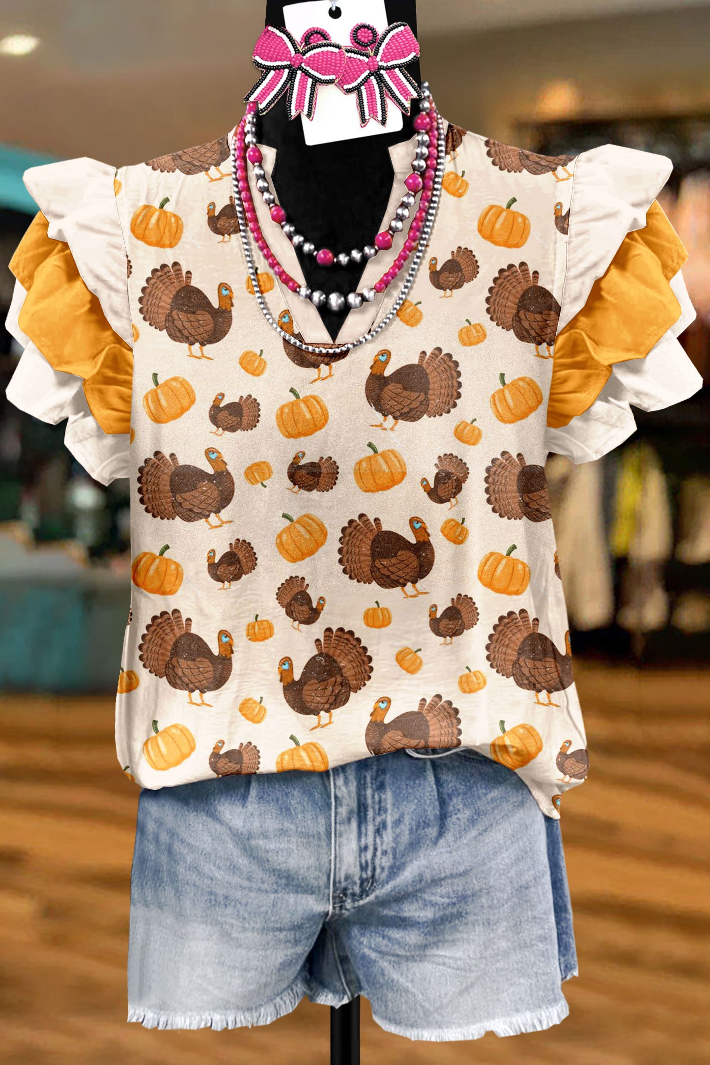 Thanksgiving Turkey Pumpkin Print Flying Sleeve Blouse