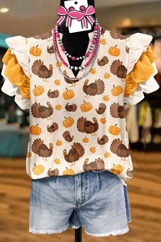 Thanksgiving Turkey Pumpkin Print Flying Sleeve Top