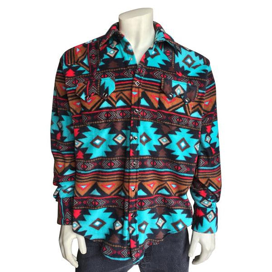 Men's Native Pattern Fleece Western Shirt in Brown & Turquoise