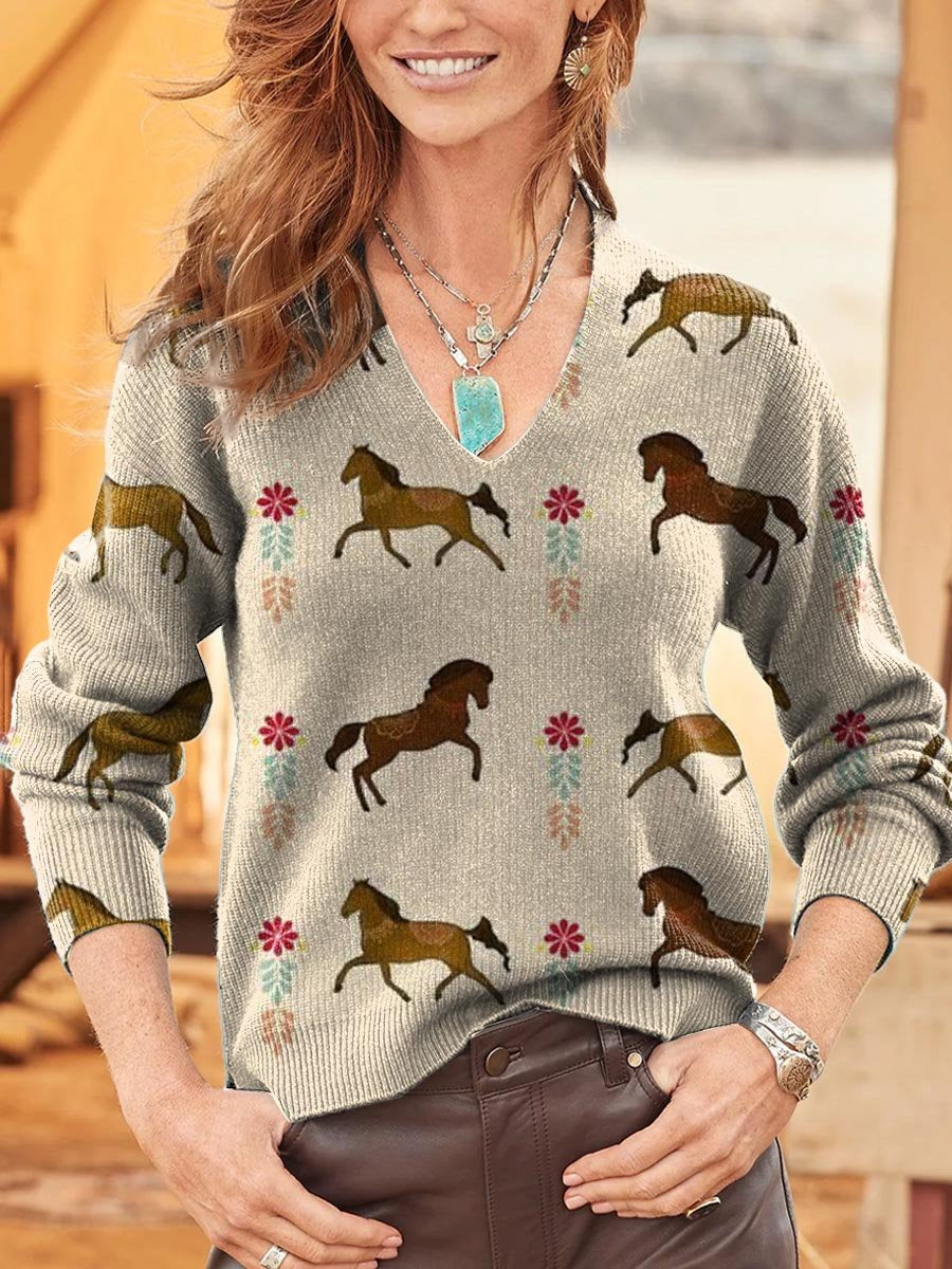 Women's Horse Print V-neck Pullover Sweater