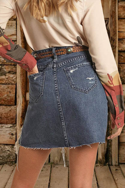 Ripped Rhinestone Fringed Denim Skirt