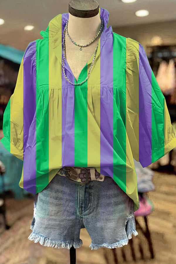 Mardi Gras Color Block Striped Blouse