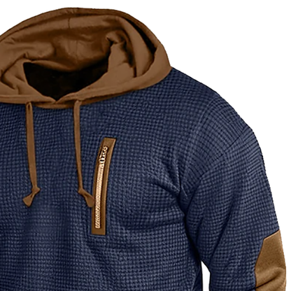 Men's Vintage Waffle Contrast Elbow Patches Pocket Hoodie