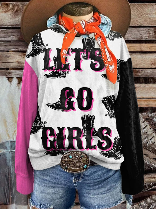 Women's Fashion Wild West Cowboy Boots "LET'S GO GIRLS" Art Print Corduroy Sweatshirt